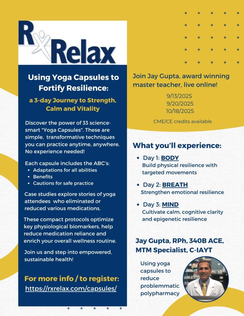 Flyer for a yoga relaxation workshop with capsules and guided meditations.